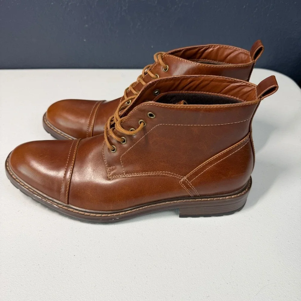 Perry Ellis Men Manning Cap Toe Boot Faux Leather Lace Up Cognac Brown Dressy